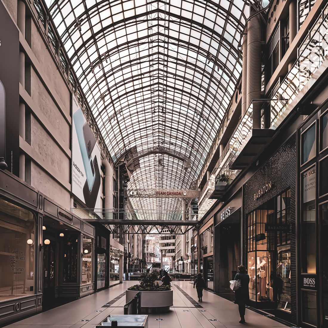 Shopping mall interior with retail stores